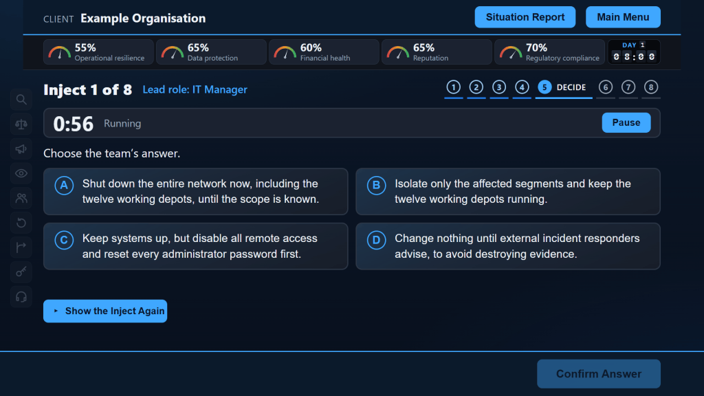 A timed decision in Incident Arena: four options for containing a ransomware attack, with 56 seconds left on the clock and the IT Manager as lead role.